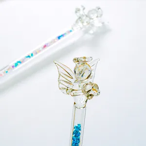 Bâtonnet mélangeur en verre fait main avec embout ange et cristaux bleus décoratifs