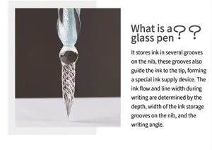 Close-up detail of a glass dip pen nib showing its intricate spiral ink grooves.