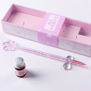 Elegantes rosa Sakura Kristall-Glasfeder-Set mit Tintenfass und Geschenkverpackung