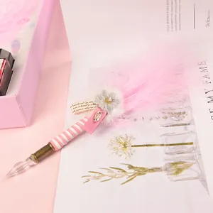 Elegant pink feather glass dip pen gift set with ink for creative writing