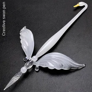 Handmade Creative Swan Shape Glass Dip Pen Set Artistic Blown Polished Glass Fountain Pen Ink Kit With Gift Box For Calligraphy Writing Gift