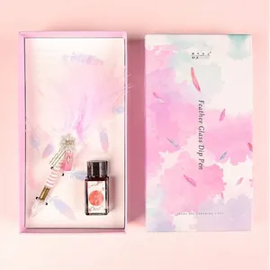 Creative pink feather glass dip pen set with crystal ink in elegant watercolor gift box