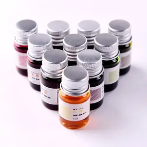 Close-up of multiple small 5ml bottles containing colorful dip pen ink for art