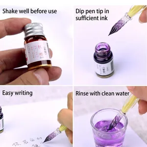 Professional glass dip pen and 5ml shimmering colored ink set for calligraphy and art