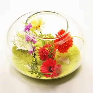 Creative flat round transparent glass terrarium vase with colorful artificial flowers