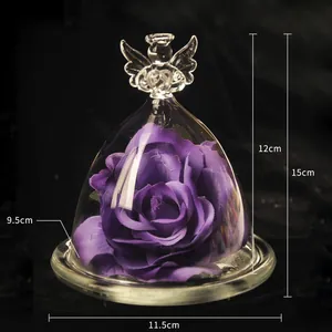 Elegant angel glass dome with purple preserved rose ornament, size details for home decor