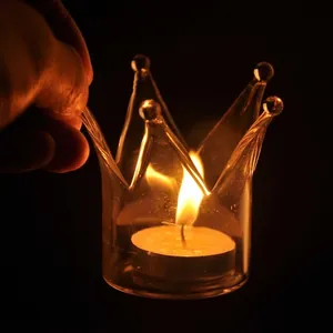 Elegant crown-shaped transparent glass candle holder with tealight for home decor