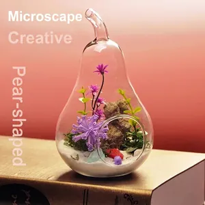 A close-up view of a pear-shaped transparent glass vase with micro-landscape decor