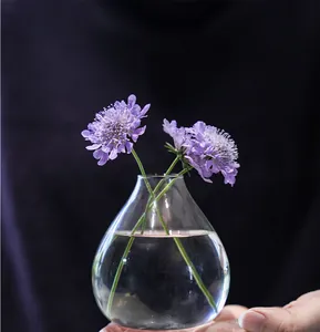 Vista dettagliata di un vaso di vetro minimalista a forma di goccia con fiori viola