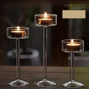 European Style Long Stem Glass Candlestick Set Transparent Blown Glass High Foot Candle Holder For Romantic Dinner Table Home Decor