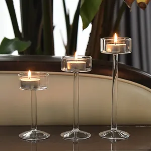 Elegant hand-blown glass stem candle holder set of three for romantic dinner decor