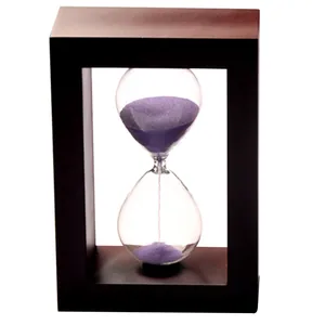 Minimalist rectangular wooden hourglass timer with purple sand for home decor