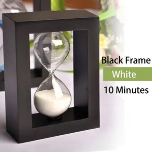 Minimalist 10-minute sand timer with a sleek black frame and white sand for home decor