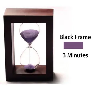 Minimalist 3-minute hourglass timer with wooden black frame and purple sand for home decor