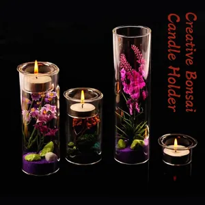 Europäischer DIY Kreativer Bonsai Glas Kerzenständer Set Borosilikatglas Zylindrische Vase Mit Künstlichen Pflanzen Deko
