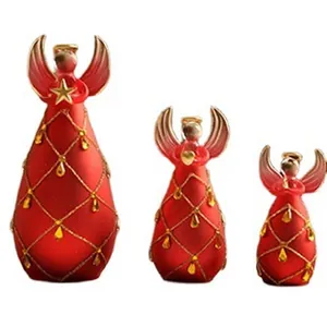 Set of three red frosted translucent angel figurines for wedding and home decoration.