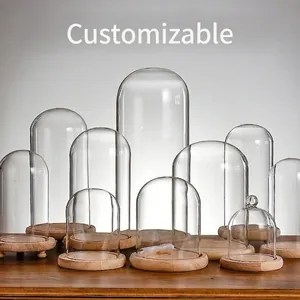 Clear Borosilicate Glass Cloche Dome with Wood Base DIY Eternal Flower Landscape Display Case Dustproof Glass Cover Home Decor