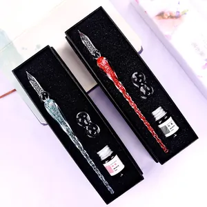Handmade luminous glass dip pen set with ink and holder in elegant black gift box