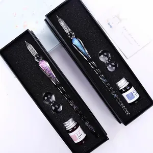 Handmade Starry Sky Glass Dip Pen Set With Ink Holder Borosilicate Glass Fountain Pen For Calligraphy Writing Stationery Gift