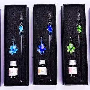 Handmade creative glass dip pen stationery gift set with flower pen rest and ink