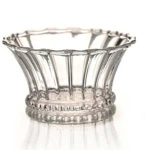 European clear glass candle holder with elegant vertical ribbing and scalloped rim