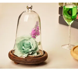Detail of glass dome with preserved blue rose and purple lavender on wooden base