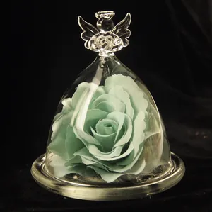 Exquisite angel glass cloche featuring a mint green artificial rose for home decoration