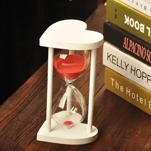 Heart-shaped wooden frame glass hourglass with red sand for office home decor
