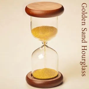 Creative Golden Bead Glass Hourglass Timer with Dark Solid Wood Base Hand-blown Glass Sand Clock Home Decor Office Desktop Ornament Gift