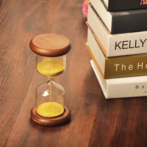 Classic wooden base glass hourglass timer with elegant gold beads for home decor