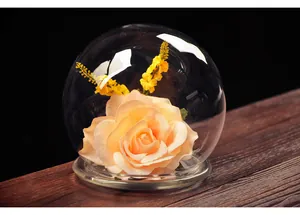 Detailed macro shot of a spherical glass dome cloche containing a peach rose ornament