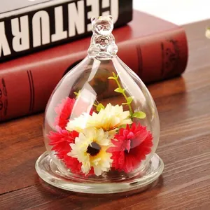 Cute Bear Handle Transparent Borosilicate Glass Display Dome Cloche With Glass Base For Eternal Flowers Micro Landscape