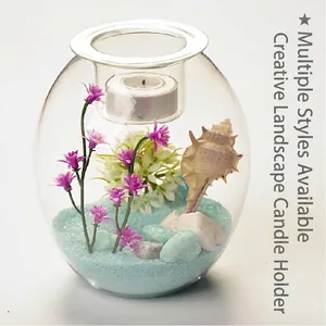 Creative Transparent Glass Micro Landscape Candle Holder Romantic Sea World Floral Scene Candlestick for Home Wedding Party Decor