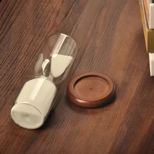Creative 30-minute glass hourglass sand timer with elegant dark wood base for home decor