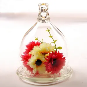 Cute bear glass cloche display dome with vibrant artificial flowers and glass base