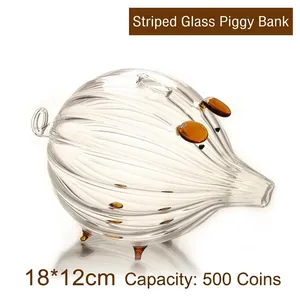 Striped high borosilicate glass piggy bank in cute mouse shape, 18x12cm size.