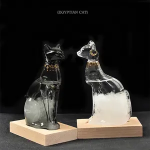 Egyptian cat weather forecast storm bottle with wooden base for desktop decor