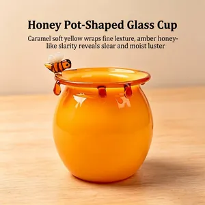 Taza de Vidrio Creativa Resistente al Calor con Forma de Abeja Tarro de Miel con Pajita Agitador Soplado a Mano para Postre