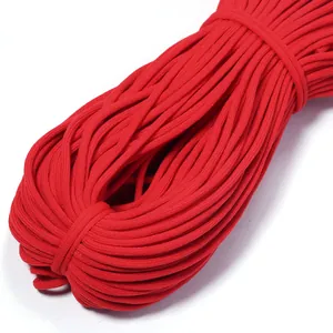 Red elastic cord detail shot showing flexible texture for DIY crafts and clothing accessories.