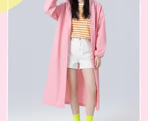 Full length body view of a portable pink EVA hooded raincoat with snap button closure