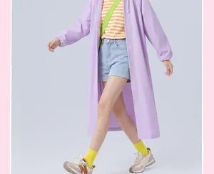 Full view of a stylish lightweight purple EVA raincoat for adult outdoor travel