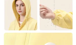 Detailed views of yellow EVA raincoat showing waterproof elastic cuffs and reinforced buttons