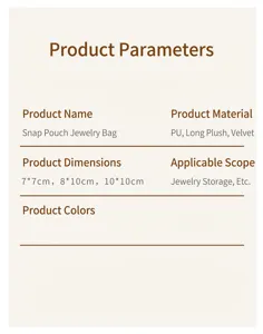 Specifications table for velvet jewelry snap pouches available in multiple sizes and colors