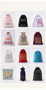 A collage showcasing various custom velvet and linen drawstring pouches for jewelry gifts