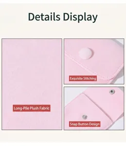 Detail view showing the soft pink plush fabric, fine stitching, and snap button closure of the pouch.