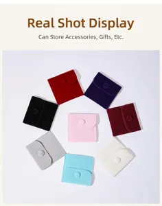 Collection of velvet jewelry snap button pouches in various colors arranged in a circle.