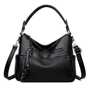 Fashion large capacity black women shoulder handbag, multi-zipper casual crossbody bag main.