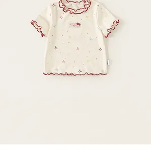 Simpatica maglietta maniche corte da bambina con volant, fiocchi colorati, top per bambini