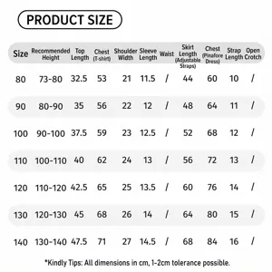 Tableau des tailles et détails de mesure pour tenue de printemps pour filles, précis.