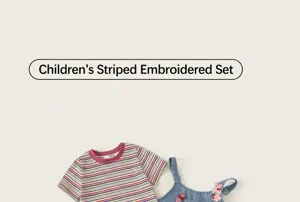 Ensemble t-shirt rayé et salopette en denim pour enfants avec broderie lapin mignonne.
